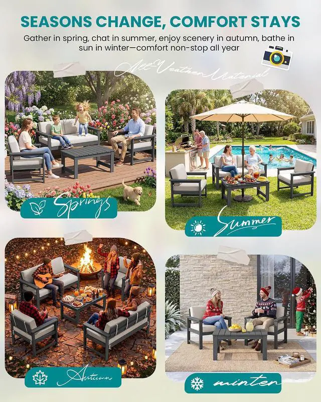 Alt view image 7 of 7 - 2 Pieces Single Cushioned Sofa Chair, Grey HDPE Outdoor Adirondack Lounge Armchair with Khaki Cushion