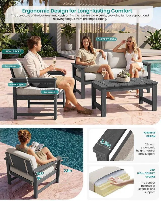 Alt view image 2 of 7 - 2 Pieces Single Cushioned Sofa Chair, Grey HDPE Outdoor Adirondack Lounge Armchair with Khaki Cushion
