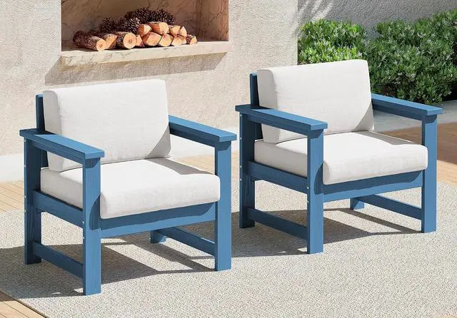 Main image of 2 Pieces Single Cushioned Lounge Chair, Blue HDPE Outdoor Adirondack Sofa Armchair with Khaki Cushion