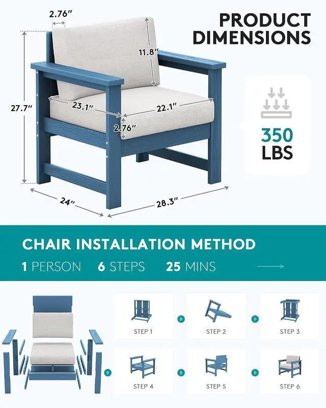 Alt view image 2 of 7 - 2 Pieces Single Cushioned Lounge Chair, Blue HDPE Outdoor Adirondack Sofa Armchair with Khaki Cushion