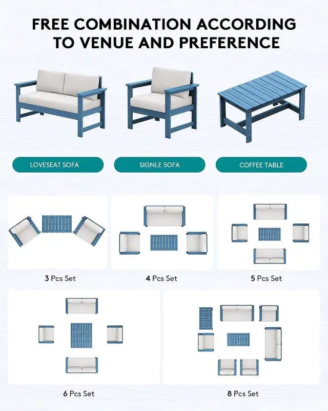 Alt view image 6 of 7 - 2 Pieces Single Cushioned Lounge Chair, Blue HDPE Outdoor Adirondack Sofa Armchair with Khaki Cushion