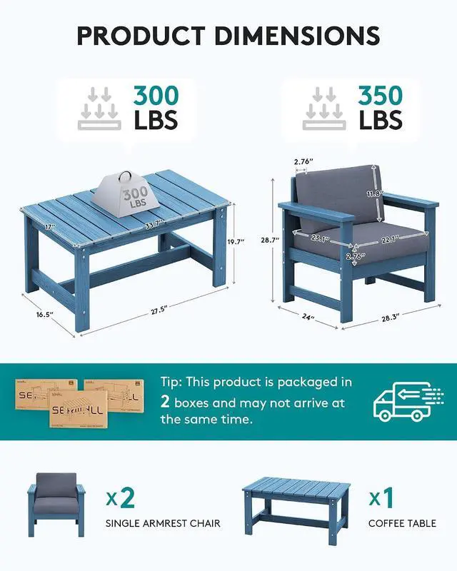 Alt view image 2 of 7 - 3 Pieces HDPE Outdoor Sofa Bistro Set with Cushions, Outdoor Furniture Sofa Sets with Coffee Table and Cushions, All Weather Conversation Social Set, Blue Frame and Grey Cushion