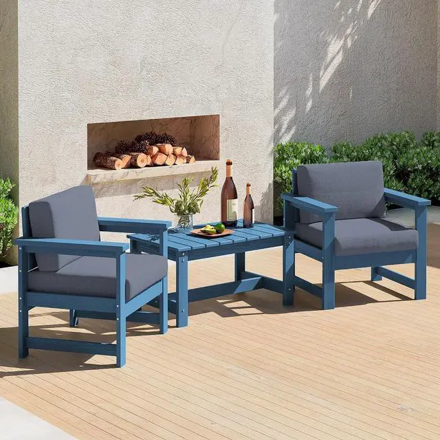 Main image of 3 Pieces HDPE Outdoor Sofa Bistro Set with Cushions, Outdoor Furniture Sofa Sets with Coffee Table and Cushions, All Weather Conversation Social Set, Blue Frame and Grey Cushion