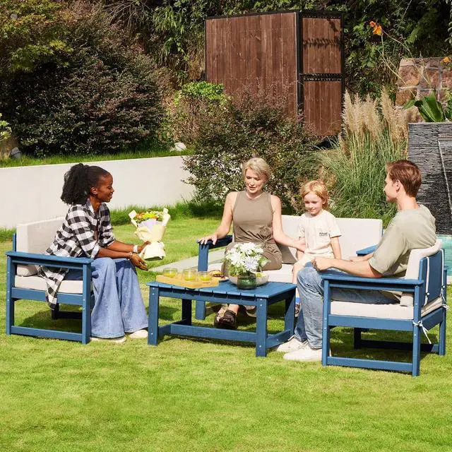 Alt view image 7 of 7 - 2 Pieces Single Cushioned Lounge Chair, Blue HDPE Outdoor Adirondack Sofa Armchair with Khaki Cushion