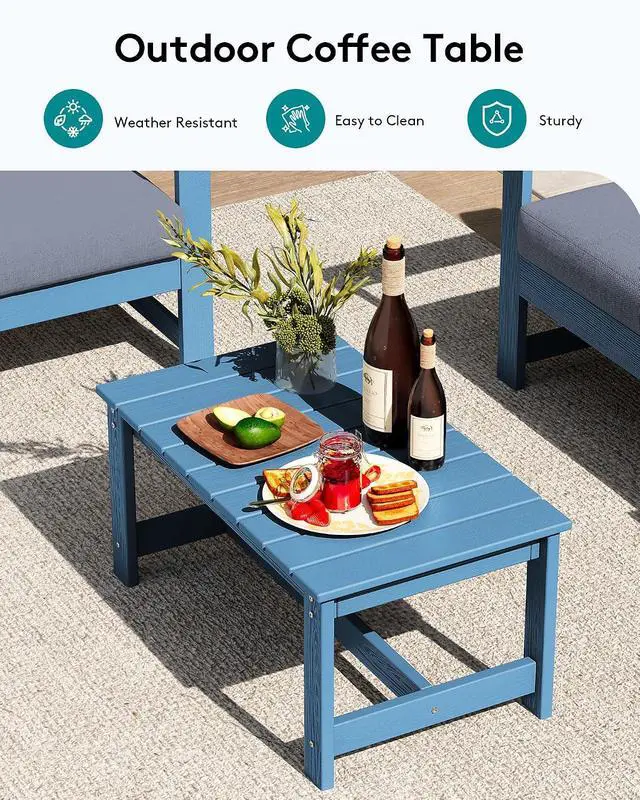 Alt view image 6 of 7 - 3 Pieces HDPE Outdoor Sofa Bistro Set with Cushions, Outdoor Furniture Sofa Sets with Coffee Table and Cushions, All Weather Conversation Social Set, Blue Frame and Grey Cushion