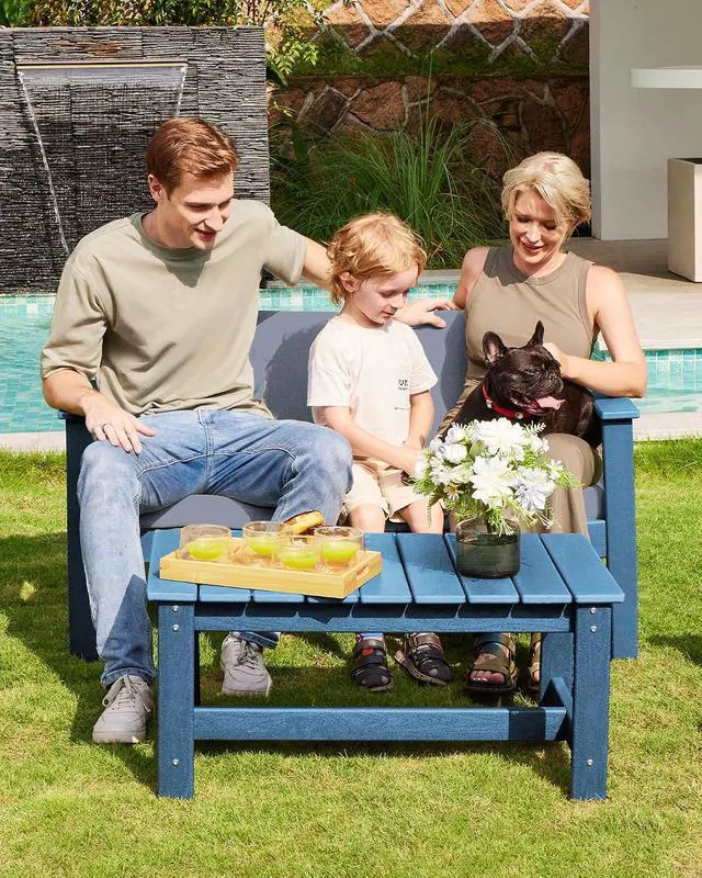 Alt view image 5 of 7 - 3 Pieces HDPE Outdoor Sofa Bistro Set with Cushions, Outdoor Furniture Sofa Sets with Coffee Table and Cushions, All Weather Conversation Social Set, Blue Frame and Grey Cushion