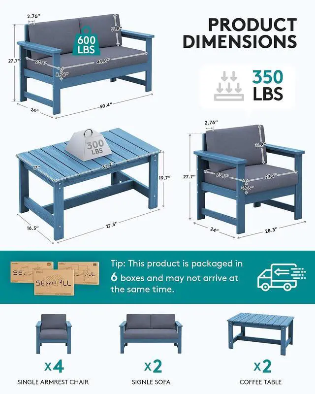 Alt view image 2 of 7 - 8 Pieces HDPE Outdoor Conversation Sofa Set with Cushion, All Weather Couch Loveseat Furniture Set with Pads, Outdoor Social Sofa Coffee Table Set, Blue Frame with Grey Cushions