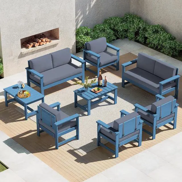Main image of 8 Pieces HDPE Outdoor Conversation Sofa Set with Cushion, All Weather Couch Loveseat Furniture Set with Pads, Outdoor Social Sofa Coffee Table Set, Blue Frame with Grey Cushions