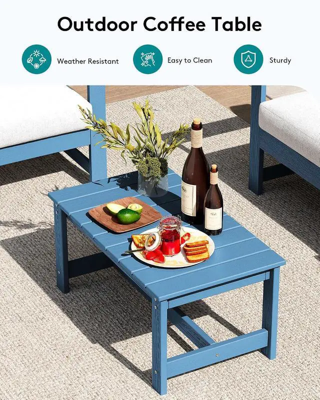 Alt view image 2 of 7 - 3 Pieces HDPE Outdoor Sofa Bistro Set with Cushion, Patio Outdoor Furniture Sofa Sets with Porch Chairs and Coffee Table, Blue Frame/Khaki Cushion