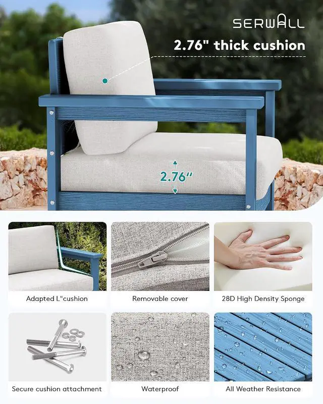Alt view image 3 of 7 - 2 Pieces Single Cushioned Lounge Chair, Blue HDPE Outdoor Adirondack Sofa Armchair with Khaki Cushion
