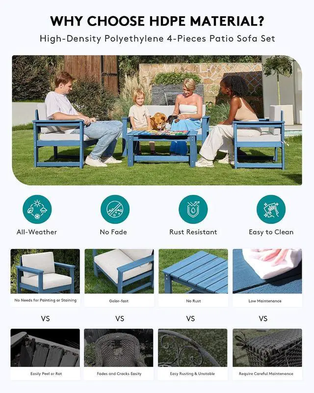 Alt view image 4 of 7 - 2 Pieces Single Cushioned Lounge Chair, Blue HDPE Outdoor Adirondack Sofa Armchair with Khaki Cushion