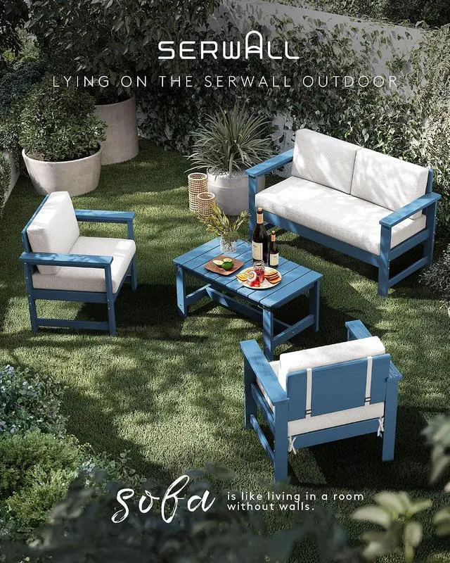 Alt view image 5 of 7 - 2 Pieces Single Cushioned Lounge Chair, Blue HDPE Outdoor Adirondack Sofa Armchair with Khaki Cushion