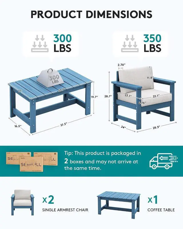Alt view image 3 of 7 - 3 Pieces HDPE Outdoor Sofa Bistro Set with Cushion, Patio Outdoor Furniture Sofa Sets with Porch Chairs and Coffee Table, Blue Frame/Khaki Cushion