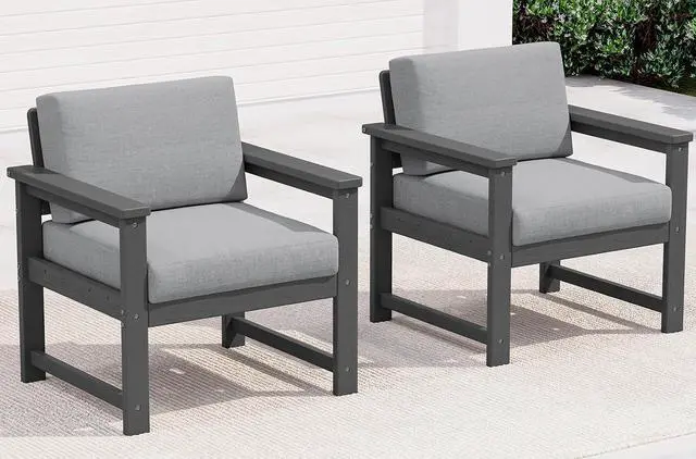 Main image of 2 Pieces Single Cushioned Sofa Armchair, Grey HDPE Adirondack Outdoor Sofa Lounge with Grey Cushion
