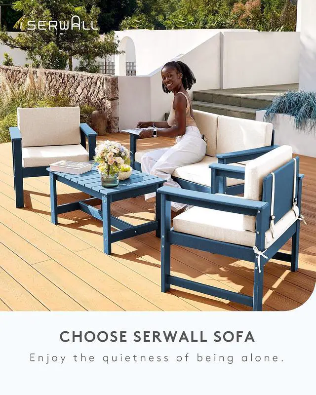 Alt view image 6 of 7 - 3 Pieces HDPE Outdoor Sofa Bistro Set with Cushion, Patio Outdoor Furniture Sofa Sets with Porch Chairs and Coffee Table, Blue Frame/Khaki Cushion