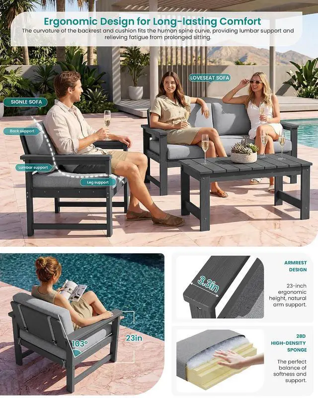 Alt view image 2 of 7 - 2 Pieces Single Cushioned Sofa Armchair, Grey HDPE Adirondack Outdoor Sofa Lounge with Grey Cushion