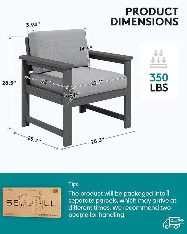 Alt view image 5 of 7 - 2 Pieces Single Cushioned Sofa Armchair, Grey HDPE Adirondack Outdoor Sofa Lounge with Grey Cushion