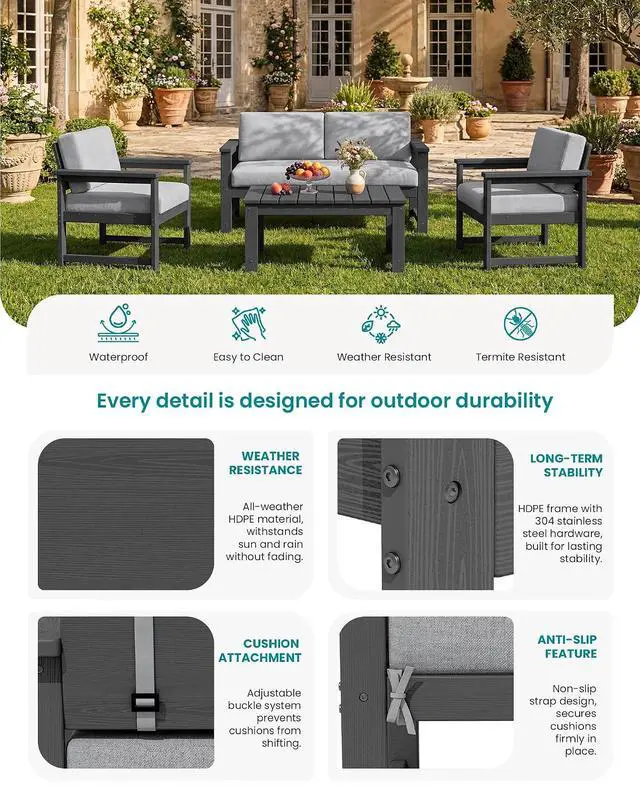 Alt view image 4 of 7 - 2 Pieces Single Cushioned Sofa Armchair, Grey HDPE Adirondack Outdoor Sofa Lounge with Grey Cushion