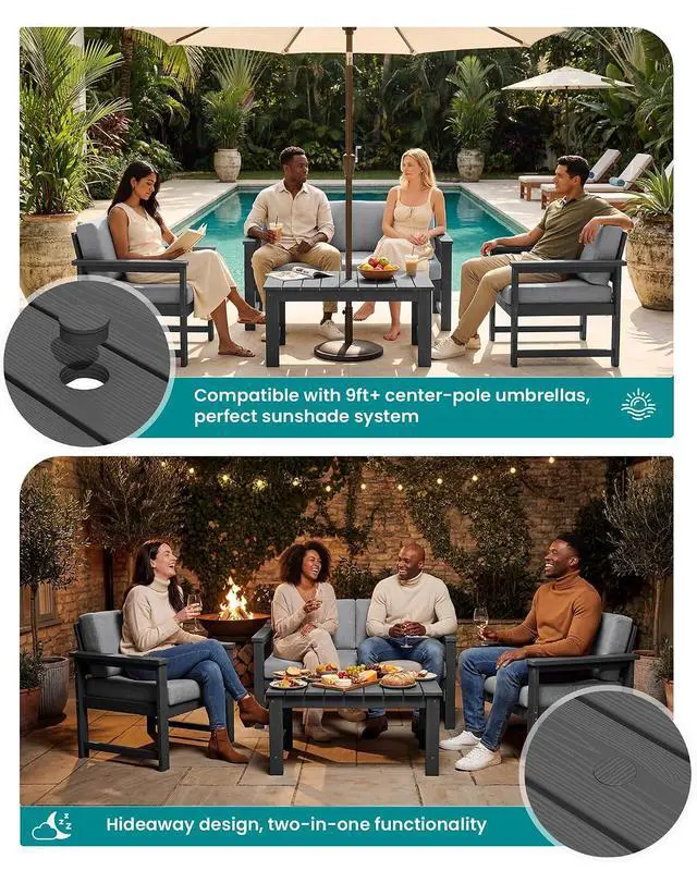 Alt view image 3 of 7 - 2 Pieces Single Cushioned Sofa Armchair, Grey HDPE Adirondack Outdoor Sofa Lounge with Grey Cushion