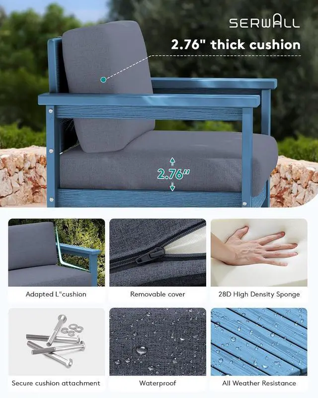 Alt view image 3 of 7 - 3 Pieces HDPE Outdoor Sofa Bistro Set with Cushions, Outdoor Furniture Sofa Sets with Coffee Table and Cushions, All Weather Conversation Social Set, Blue Frame and Grey Cushion