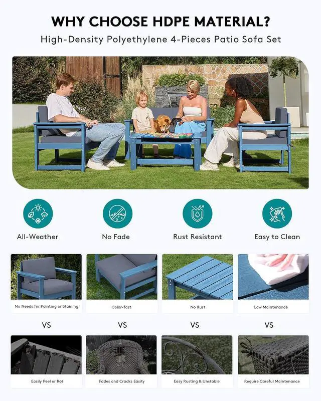 Alt view image 4 of 7 - 3 Pieces HDPE Outdoor Sofa Bistro Set with Cushions, Outdoor Furniture Sofa Sets with Coffee Table and Cushions, All Weather Conversation Social Set, Blue Frame and Grey Cushion