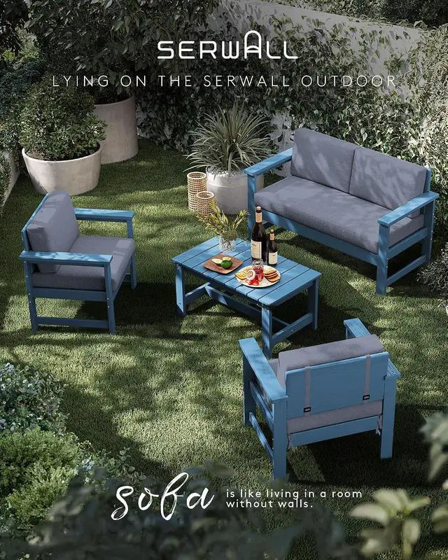 Alt view image 5 of 7 - 2 Pieces Single Cushioned Lounge Chair, Blue HDPE Outdoor Adirondack Sofa Armchair with Grey Cushion