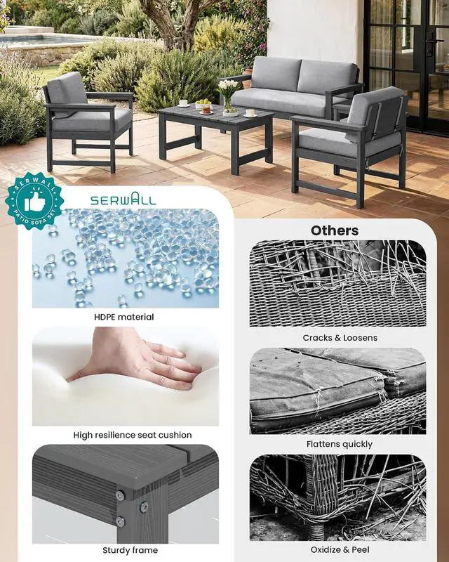 Alt view image 7 of 7 - 2 Pieces Single Cushioned Sofa Armchair, Grey HDPE Adirondack Outdoor Sofa Lounge with Grey Cushion