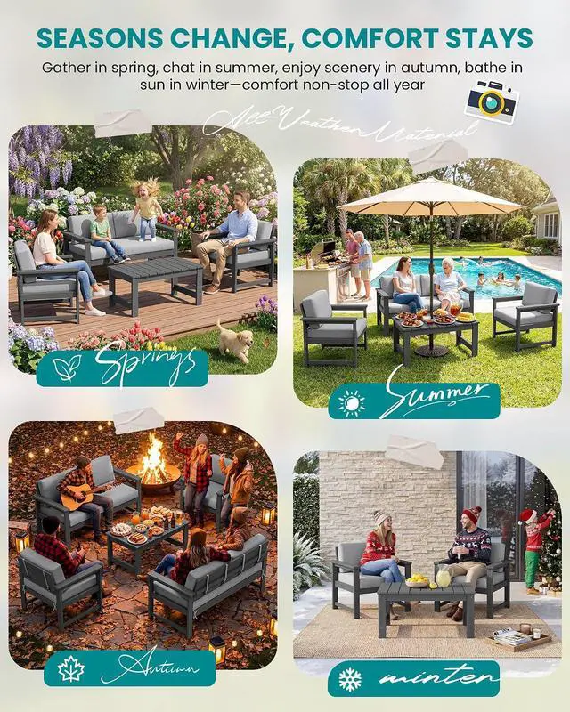 Alt view image 6 of 7 - 2 Pieces Single Cushioned Sofa Armchair, Grey HDPE Adirondack Outdoor Sofa Lounge with Grey Cushion