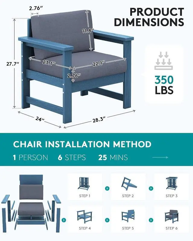 Alt view image 2 of 7 - 2 Pieces Single Cushioned Lounge Chair, Blue HDPE Outdoor Adirondack Sofa Armchair with Grey Cushion
