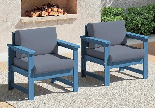 Main image of 2 Pieces Single Cushioned Lounge Chair, Blue HDPE Outdoor Adirondack Sofa Armchair with Grey Cushion