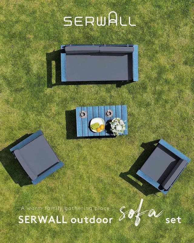 Alt view image 7 of 7 - 2 Pieces Single Cushioned Lounge Chair, Blue HDPE Outdoor Adirondack Sofa Armchair with Grey Cushion