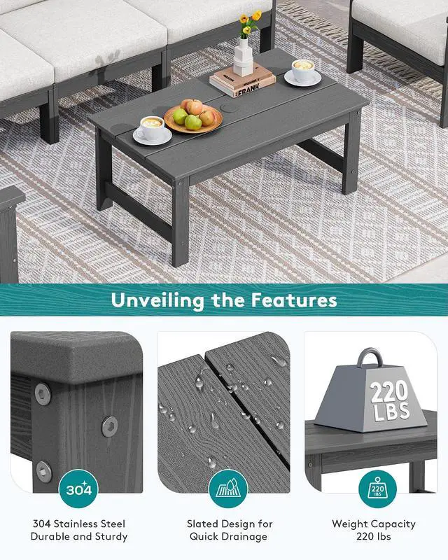 Alt view image 6 of 7 - HDPE Patio Coffee Table, Rectangle Outdoor Coffee Table, All-Weather Coffee Side Table for Balcony, Poolside, Deck, Garden, Gray
