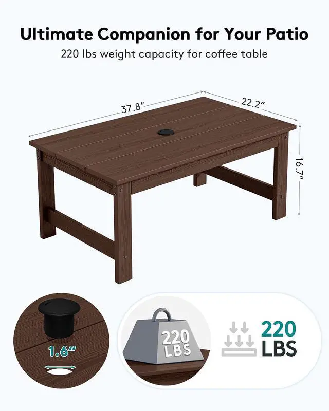 Alt view image 3 of 7 - HDPE Patio Coffee Table, Rectangle Outdoor Coffee Table, All-Weather Coffee Side Table for Balcony, Poolside, Deck, Garden, Coffee Brown