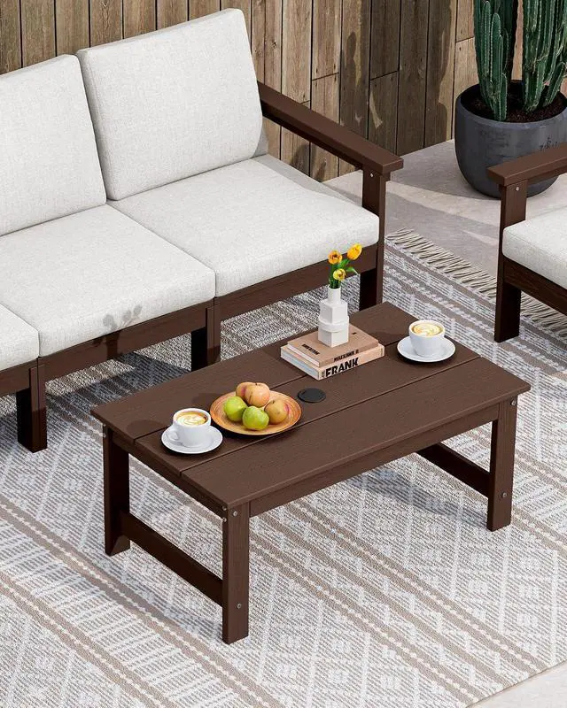 Alt view image 2 of 7 - HDPE Patio Coffee Table, Rectangle Outdoor Coffee Table, All-Weather Coffee Side Table for Balcony, Poolside, Deck, Garden, Coffee Brown