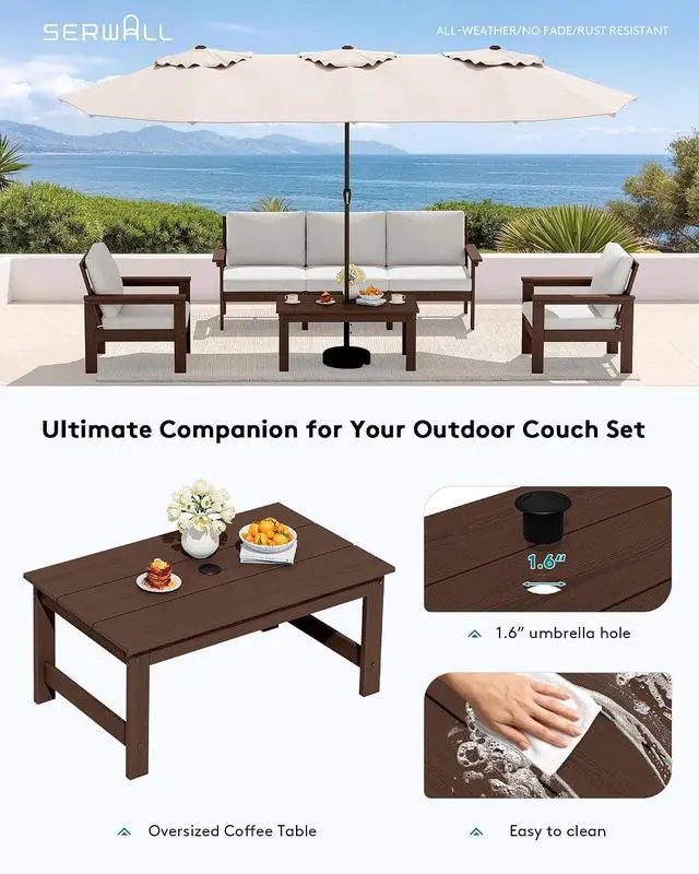 Alt view image 7 of 7 - HDPE Patio Coffee Table, Rectangle Outdoor Coffee Table, All-Weather Coffee Side Table for Balcony, Poolside, Deck, Garden, Coffee Brown