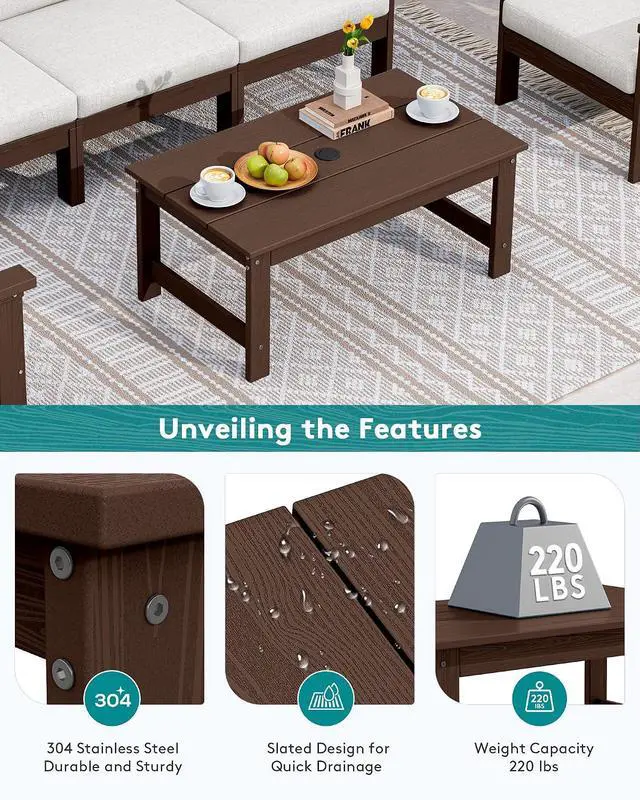 Alt view image 5 of 7 - HDPE Patio Coffee Table, Rectangle Outdoor Coffee Table, All-Weather Coffee Side Table for Balcony, Poolside, Deck, Garden, Coffee Brown