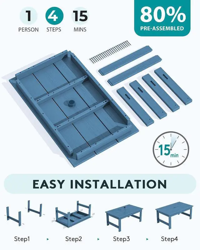 Alt view image 7 of 7 - HDPE Patio Coffee Table, Rectangle Outdoor Coffee Table, All-Weather Coffee Side Table for Balcony, Poolside, Deck, Garden, Blue