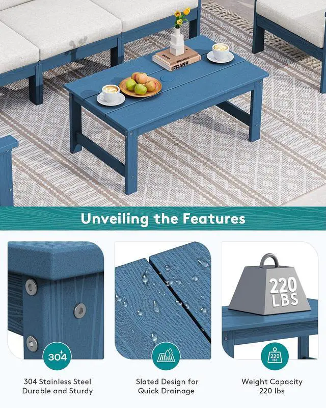 Alt view image 5 of 7 - HDPE Patio Coffee Table, Rectangle Outdoor Coffee Table, All-Weather Coffee Side Table for Balcony, Poolside, Deck, Garden, Blue