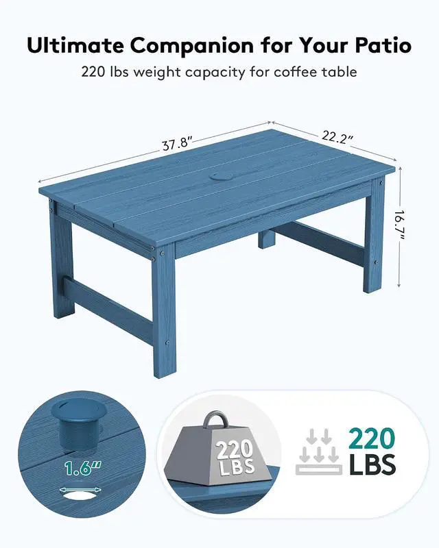 Alt view image 3 of 7 - HDPE Patio Coffee Table, Rectangle Outdoor Coffee Table, All-Weather Coffee Side Table for Balcony, Poolside, Deck, Garden, Blue