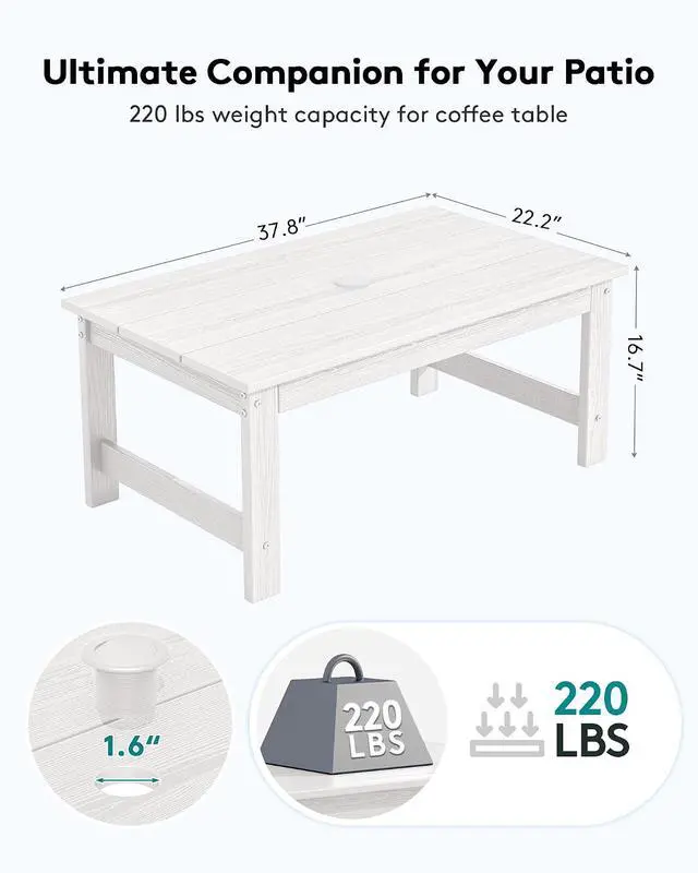 Alt view image 3 of 7 - HDPE Patio Coffee Table, Rectangle Outdoor Coffee Table, All-Weather Coffee Side Table for Balcony, Poolside, Deck, Garden, White