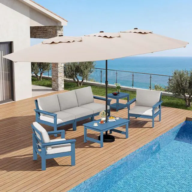 Alt view image 2 of 7 - HDPE Patio Coffee Table, Rectangle Outdoor Coffee Table, All-Weather Coffee Side Table for Balcony, Poolside, Deck, Garden, Blue