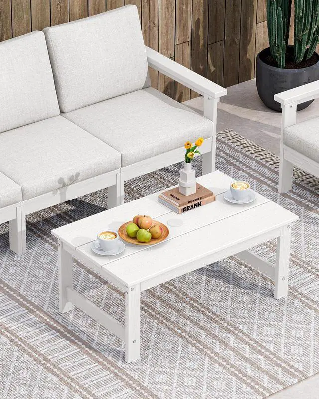 Alt view image 2 of 7 - HDPE Patio Coffee Table, Rectangle Outdoor Coffee Table, All-Weather Coffee Side Table for Balcony, Poolside, Deck, Garden, White