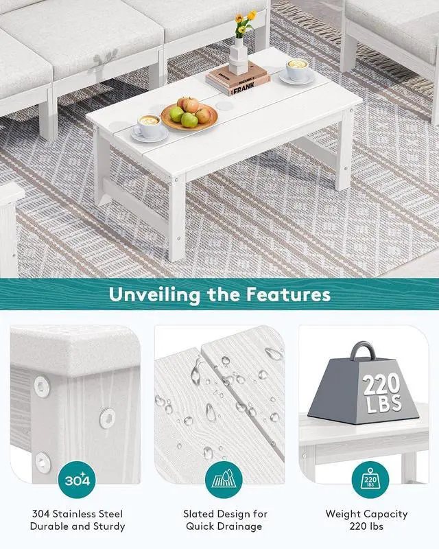 Alt view image 5 of 7 - HDPE Patio Coffee Table, Rectangle Outdoor Coffee Table, All-Weather Coffee Side Table for Balcony, Poolside, Deck, Garden, White