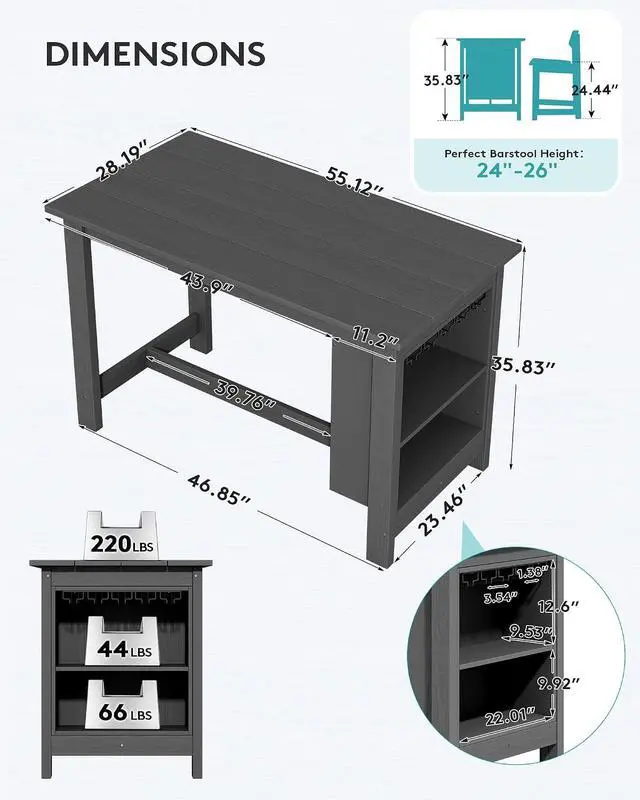Alt view image 2 of 7 - Outdoor Bar Table, All Weather HDPE 36" Counter Height Dining Table with Storage and Wine Rack for Patio, Garden, Backyard, Balcony, Poolside, Gray