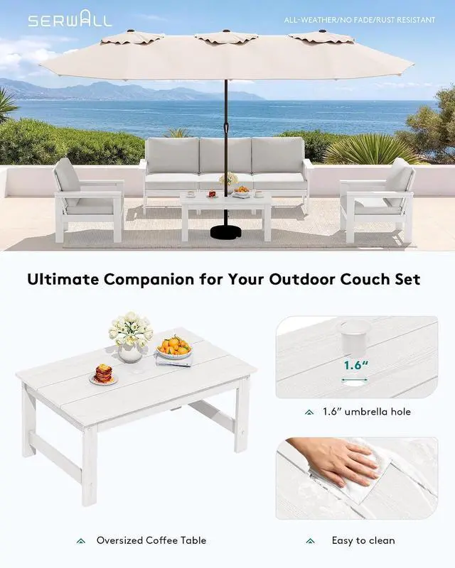 Alt view image 7 of 7 - HDPE Patio Coffee Table, Rectangle Outdoor Coffee Table, All-Weather Coffee Side Table for Balcony, Poolside, Deck, Garden, White