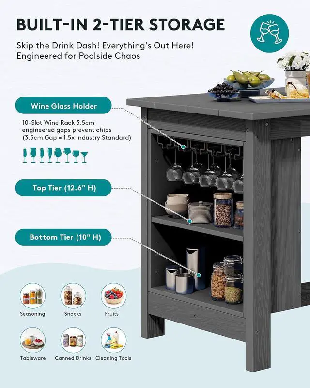 Alt view image 3 of 7 - Outdoor Bar Table, All Weather HDPE 36" Counter Height Dining Table with Storage and Wine Rack for Patio, Garden, Backyard, Balcony, Poolside, Gray