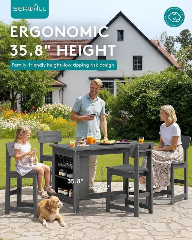 Alt view image 4 of 7 - Outdoor Bar Table, All Weather HDPE 36" Counter Height Dining Table with Storage and Wine Rack for Patio, Garden, Backyard, Balcony, Poolside, Gray