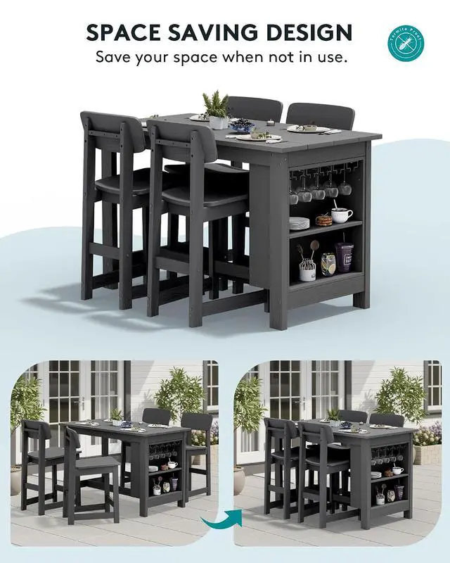 Alt view image 7 of 7 - Outdoor Bar Table, All Weather HDPE 36" Counter Height Dining Table with Storage and Wine Rack for Patio, Garden, Backyard, Balcony, Poolside, Gray