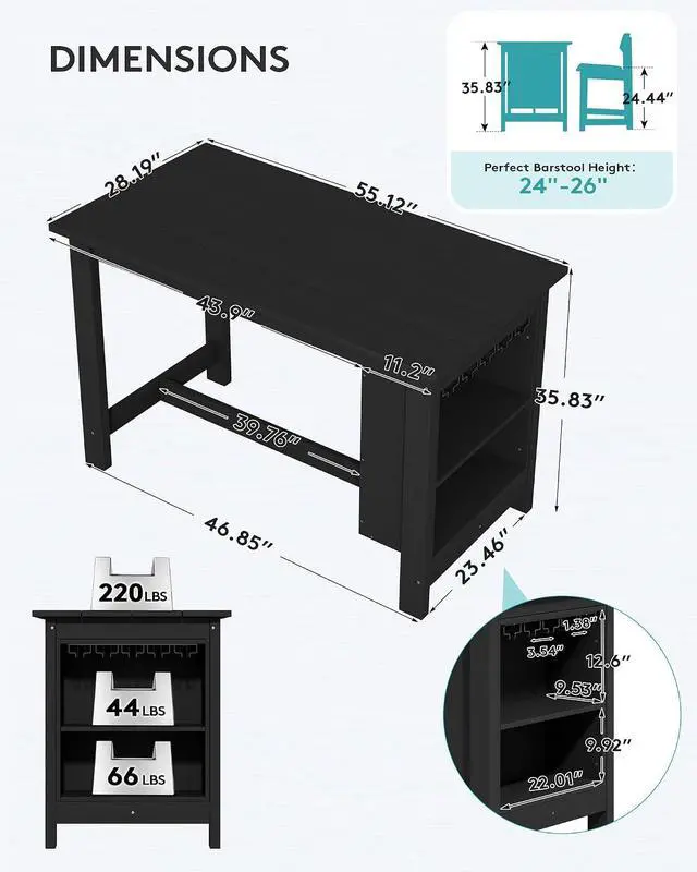 Alt view image 2 of 7 - Outdoor Bar Table, All Weather HDPE 36" Counter Height Dining Table with Storage and Wine Rack for Patio, Garden, Backyard, Balcony, Poolside, Black