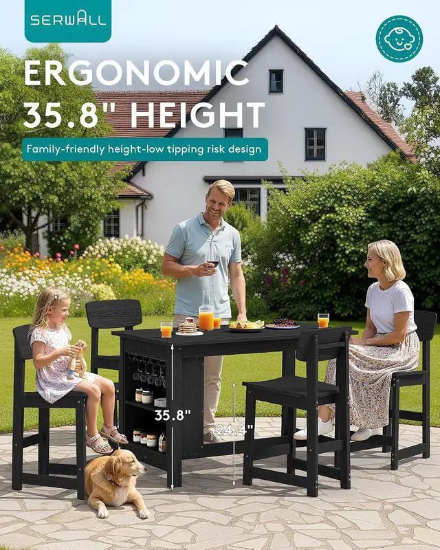 Alt view image 3 of 7 - Outdoor Bar Table, All Weather HDPE 36" Counter Height Dining Table with Storage and Wine Rack for Patio, Garden, Backyard, Balcony, Poolside, Black